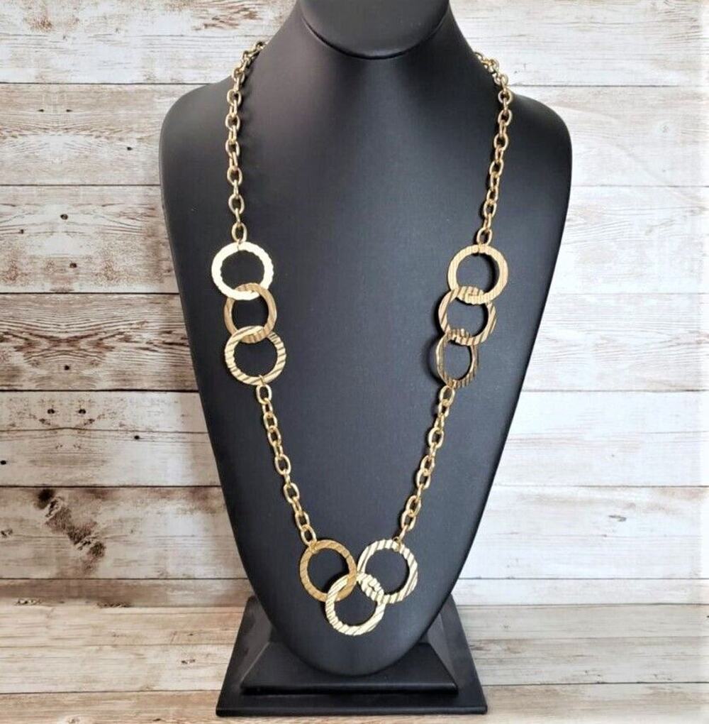 Vintage Necklace - Long Gold Tone with Corrugated Circles - Statement